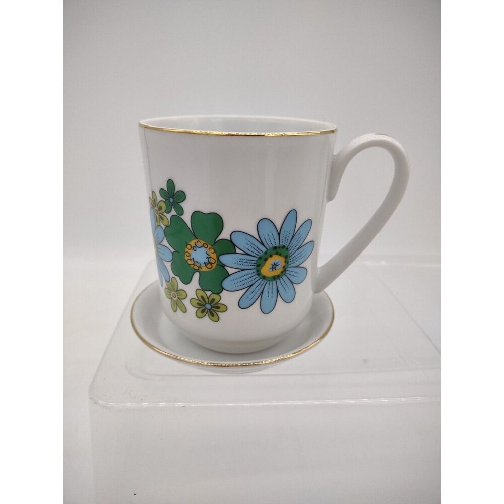 VINTAGE MCM RETRO White Blue Green Daisy Floral Coffee Tea Mug Cup Saucer JAPAN